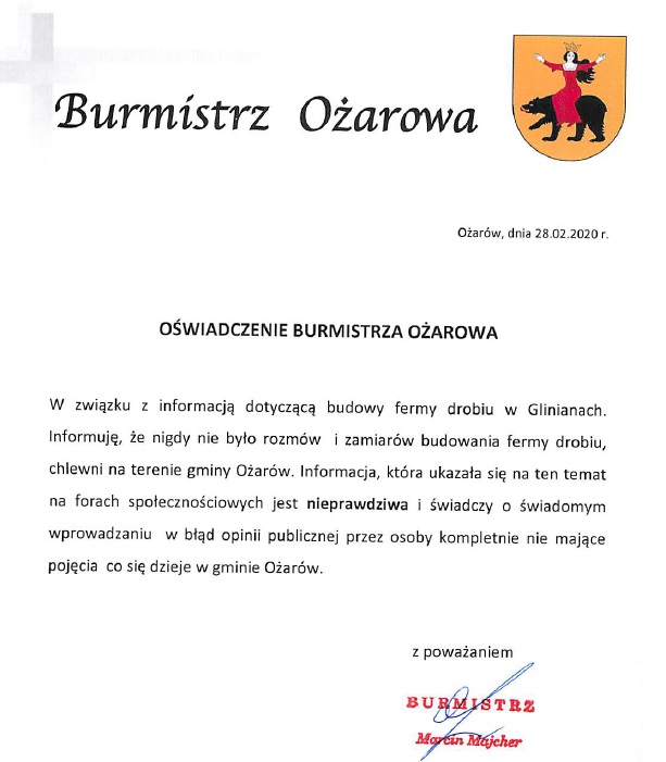 Oświadczenie Burmistrza Ożarowa